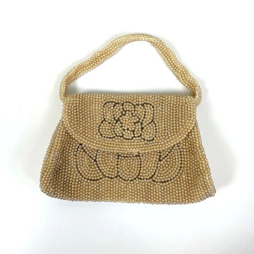 Vintage 50s Mid Century Modern Fashion Champagne Pearl Beaded Purse Bag